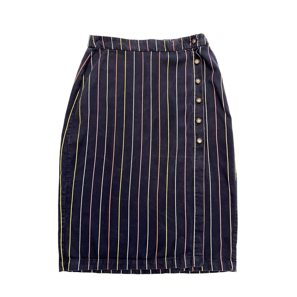 Marine Layer Navy Multicolor Striped Tencel Side Button Midi Skirt Size M